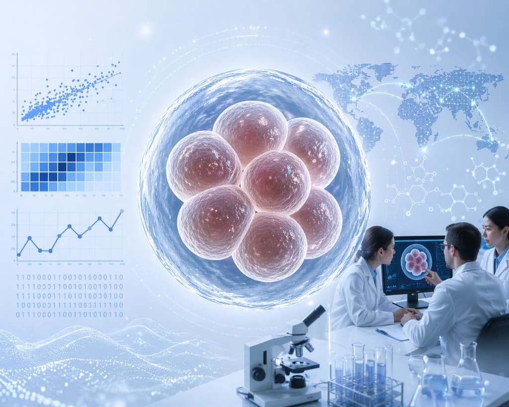 Eight-cell embryo in a glowing zona with data visualizations, global collaboration map, and scientists in a laboratory with microscopy equipment.